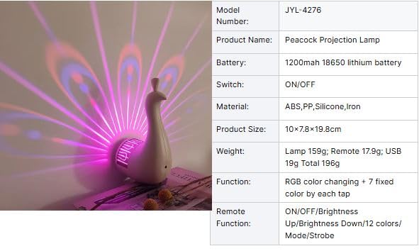 Rainbow Peacock 7-Color Projection Night Light - Veesho